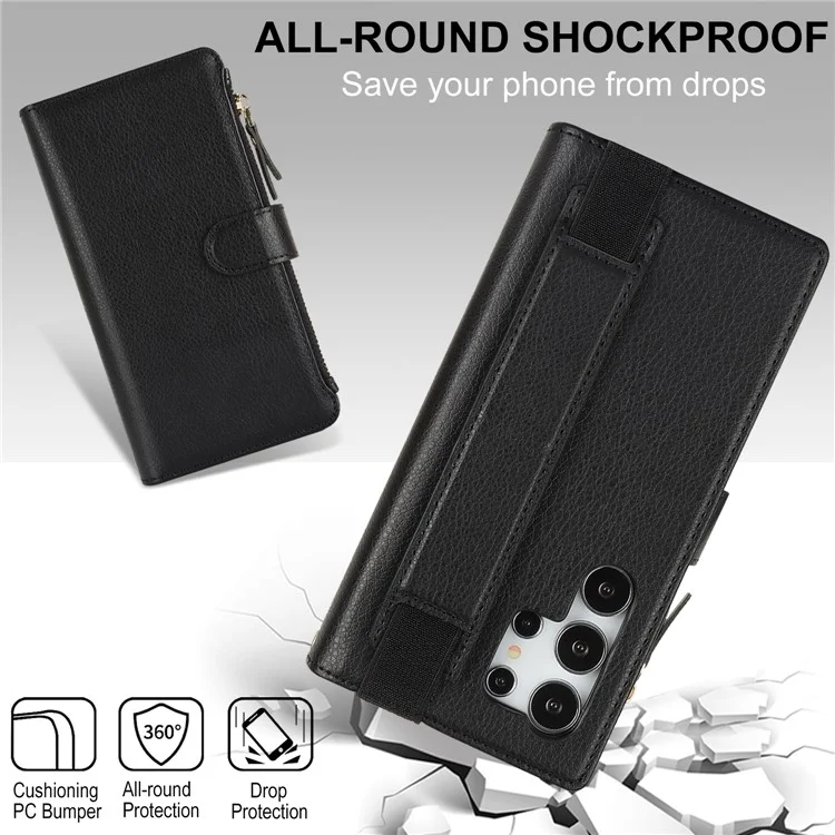 XL-001 Per Samsung Galaxy S24 Ultra Case Zipper Pocket Wristband Stand Leather Phone Cover - Nero