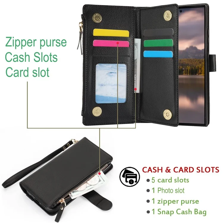 XL-001 Per Samsung Galaxy S24 Ultra Case Zipper Pocket Wristband Stand Leather Phone Cover - Nero