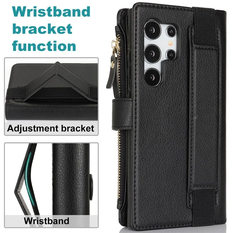 XL-001 Per Samsung Galaxy S24 Ultra Case Zipper Pocket Wristband Stand Leather Phone Cover - Nero