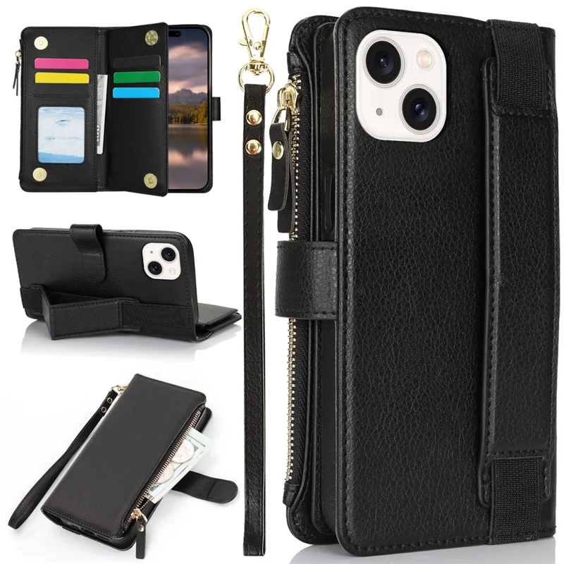 XL-001 For iPhone 15 Case Zipper Pocket Wristband Stand Leather Phone Cover - Black