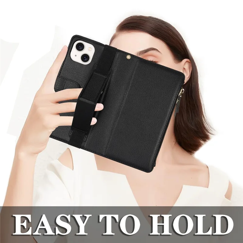XL-001 For iPhone 15 Case Zipper Pocket Wristband Stand Leather Phone Cover - Black
