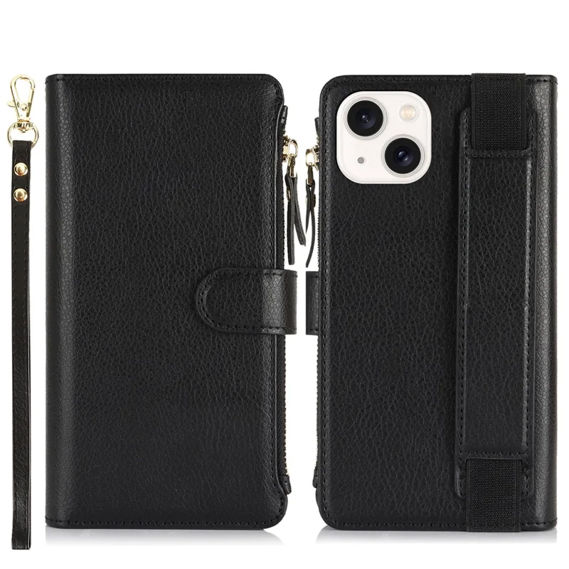 XL-001 For iPhone 15 Case Zipper Pocket Wristband Stand Leather Phone Cover - Black