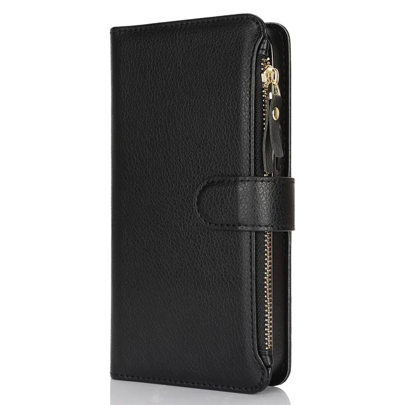 XL-001 For iPhone 15 Case Zipper Pocket Wristband Stand Leather Phone Cover - Black