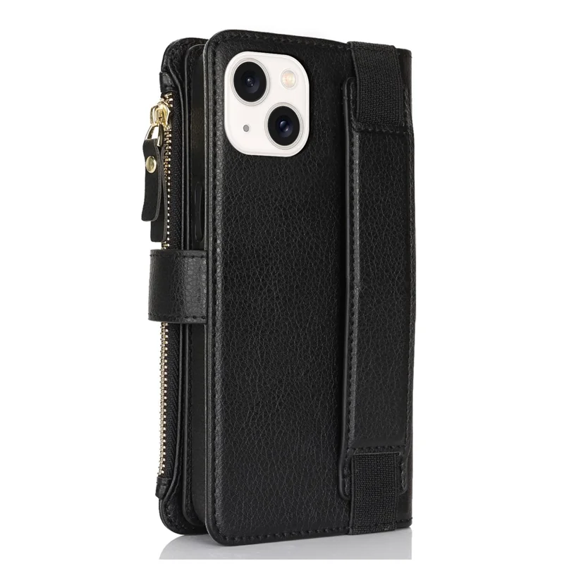 XL-001 For iPhone 15 Case Zipper Pocket Wristband Stand Leather Phone Cover - Black