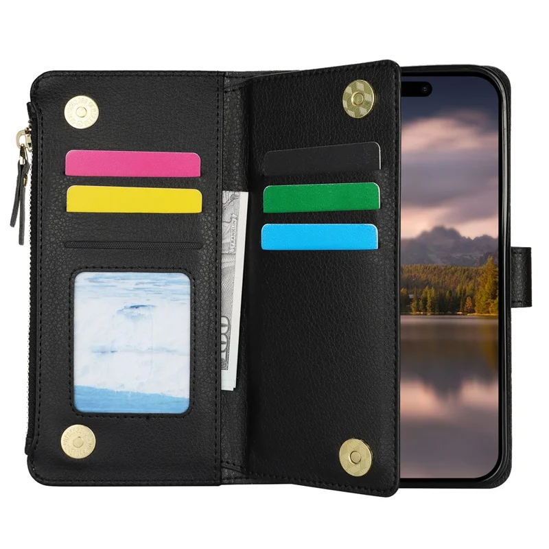 XL-001 For iPhone 15 Case Zipper Pocket Wristband Stand Leather Phone Cover - Black