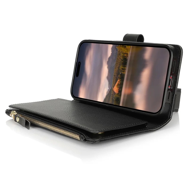XL-001 For iPhone 15 Case Zipper Pocket Wristband Stand Leather Phone Cover - Black