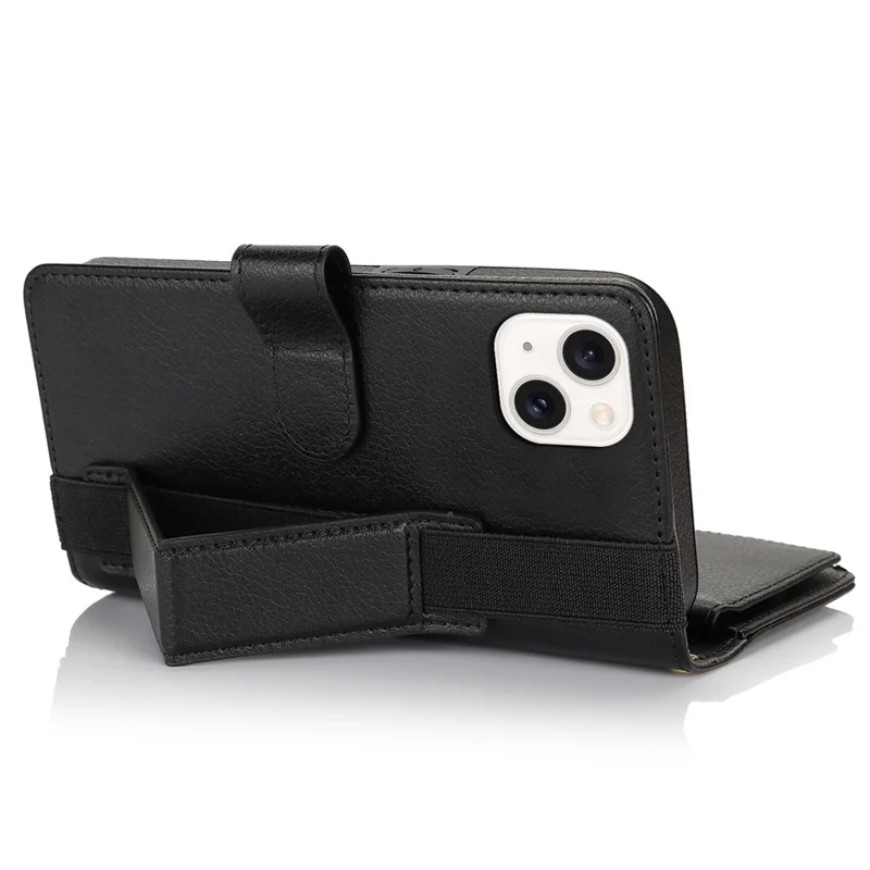 XL-001 For iPhone 15 Case Zipper Pocket Wristband Stand Leather Phone Cover - Black