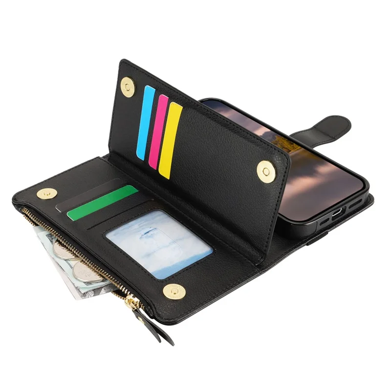 XL-001 For iPhone 15 Case Zipper Pocket Wristband Stand Leather Phone Cover - Black