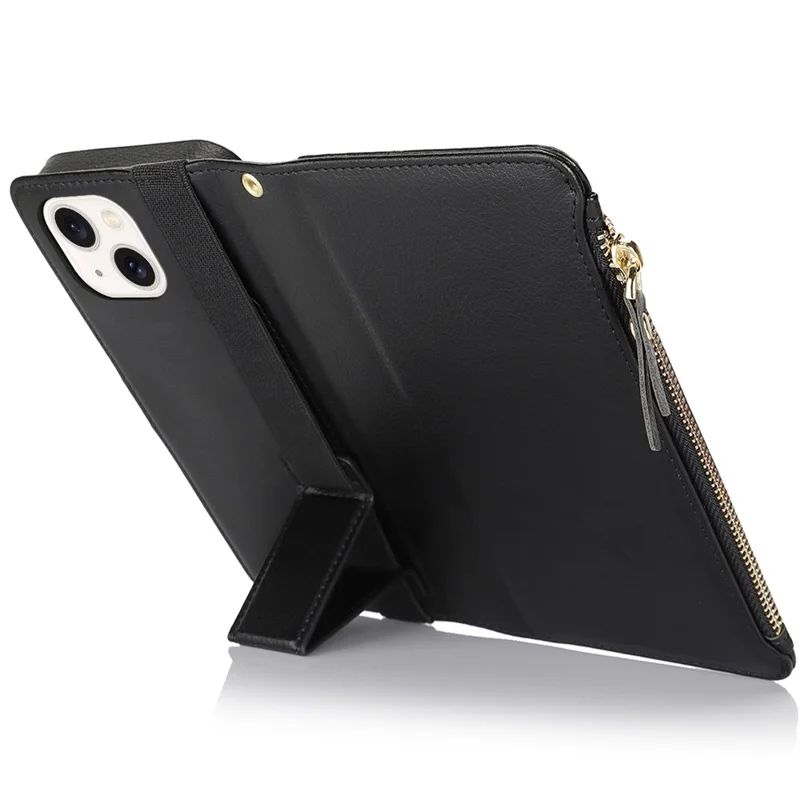 XL-001 For iPhone 15 Case Zipper Pocket Wristband Stand Leather Phone Cover - Black