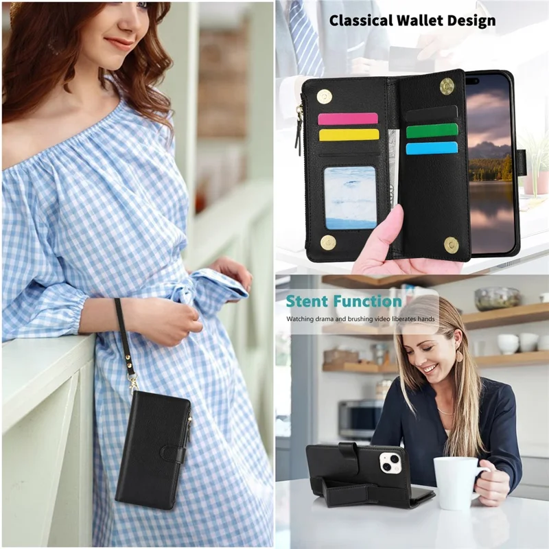 XL-001 For iPhone 15 Case Zipper Pocket Wristband Stand Leather Phone Cover - Black