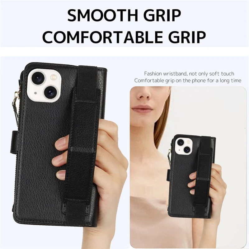 XL-001 For iPhone 15 Case Zipper Pocket Wristband Stand Leather Phone Cover - Black