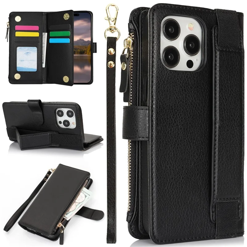XL-001 For iPhone 15 Pro Case Zipper Pocket Wristband Stand Leather Phone Cover - Black