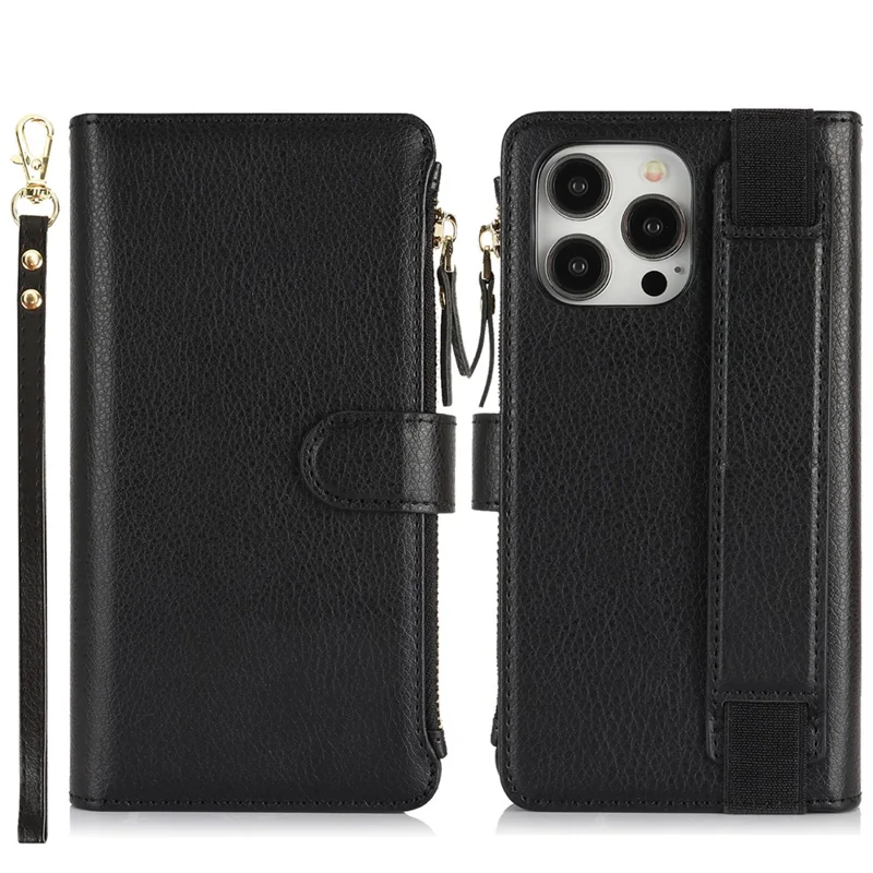 XL-001 For iPhone 15 Pro Case Zipper Pocket Wristband Stand Leather Phone Cover - Black
