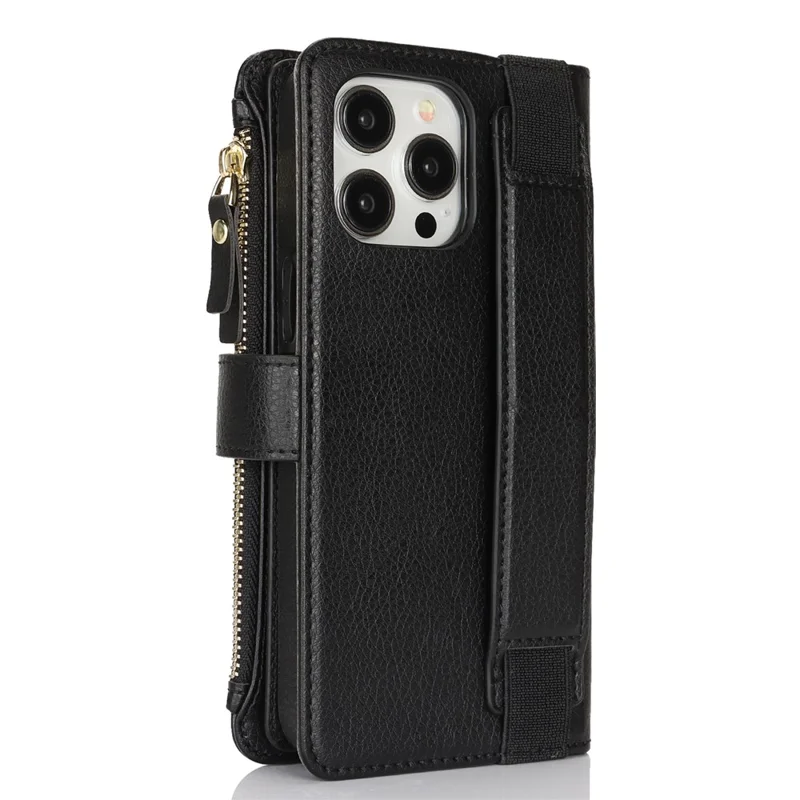 XL-001 For iPhone 15 Pro Case Zipper Pocket Wristband Stand Leather Phone Cover - Black