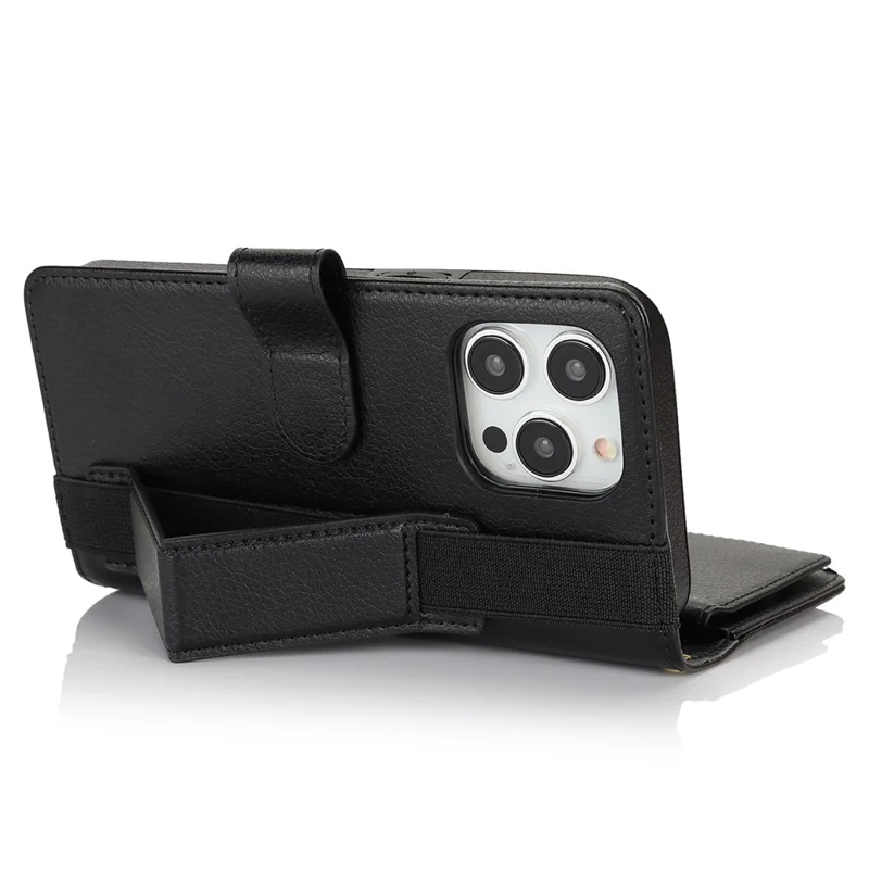 XL-001 For iPhone 15 Pro Case Zipper Pocket Wristband Stand Leather Phone Cover - Black