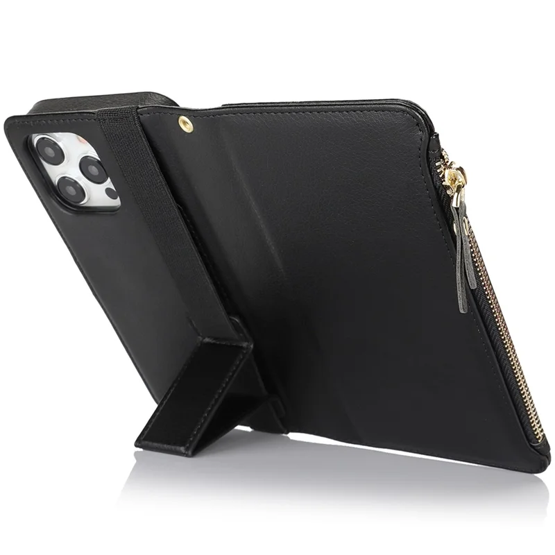 XL-001 For iPhone 15 Pro Case Zipper Pocket Wristband Stand Leather Phone Cover - Black