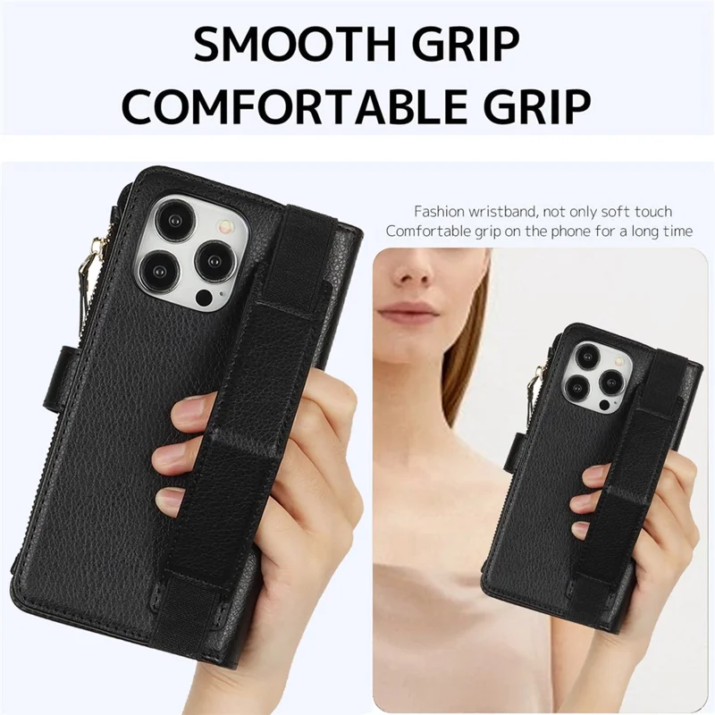 XL-001 For iPhone 15 Pro Case Zipper Pocket Wristband Stand Leather Phone Cover - Black
