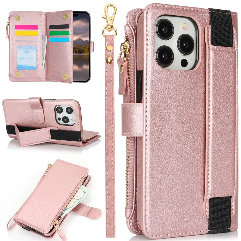 XL-001 Para Iphone 15 Pro Max Case Case Zipper Pocket Stand Cover Phone Telephone - Rosa