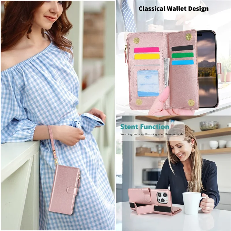 XL-001 Para Iphone 15 Pro Max Case Case Zipper Pocket Stand Cover Phone Telephone - Rosa