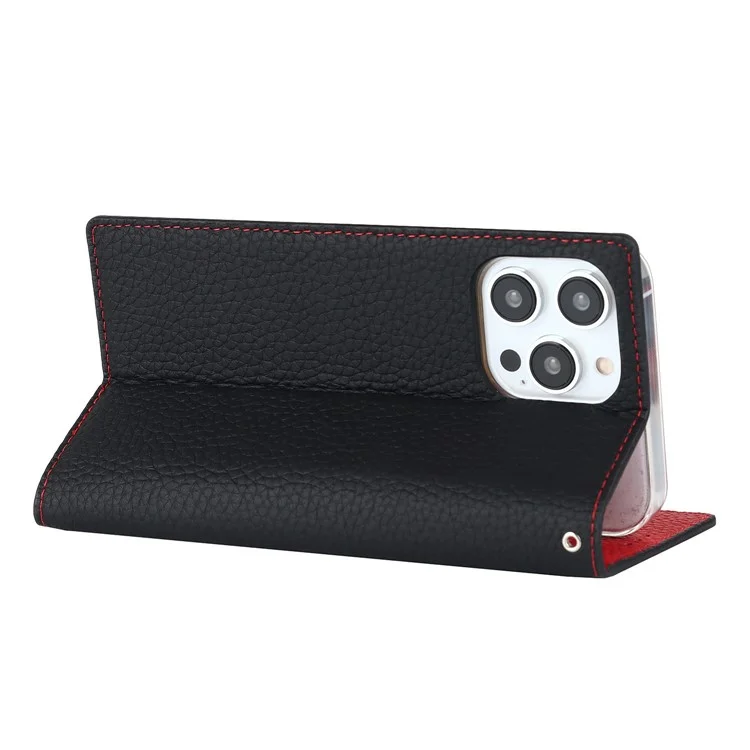 Für Iphone 14 Pro Max Phone Case Litchi Textur Echtes Leder RFID Blocking Wallet Stand Magnetic Phone Cover - Schwarz
