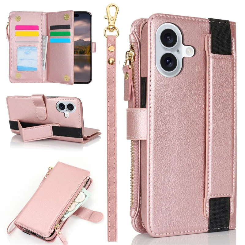 XL-001 For iPhone 16 Plus Case Zipper Pocket Wristband Stand Leather Phone Cover - Pink