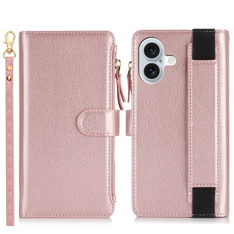 XL-001 For iPhone 16 Plus Case Zipper Pocket Wristband Stand Leather Phone Cover - Pink