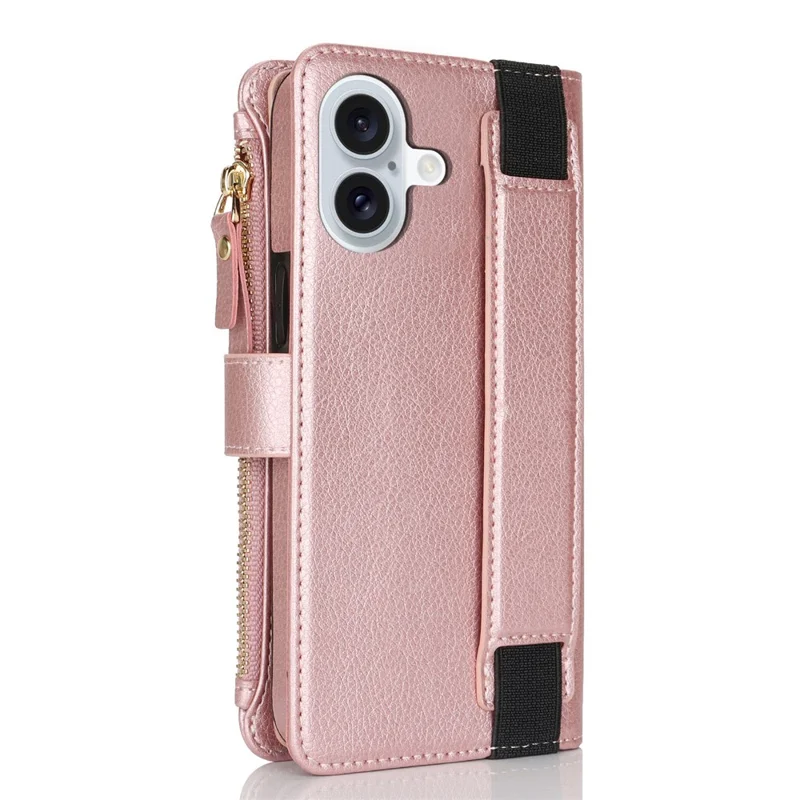 XL-001 For iPhone 16 Plus Case Zipper Pocket Wristband Stand Leather Phone Cover - Pink