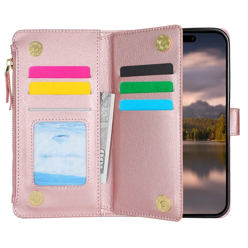 XL-001 For iPhone 16 Plus Case Zipper Pocket Wristband Stand Leather Phone Cover - Pink