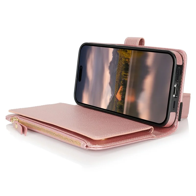 XL-001 For iPhone 16 Plus Case Zipper Pocket Wristband Stand Leather Phone Cover - Pink