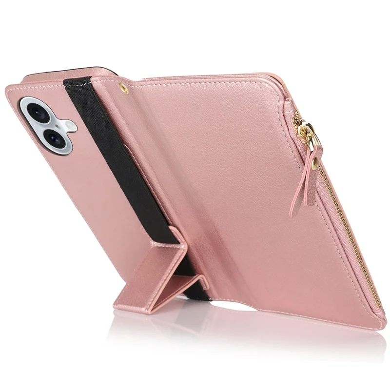 XL-001 For iPhone 16 Plus Case Zipper Pocket Wristband Stand Leather Phone Cover - Pink