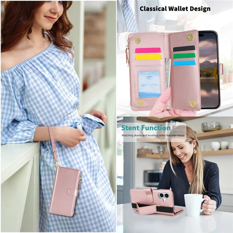 XL-001 For iPhone 16 Plus Case Zipper Pocket Wristband Stand Leather Phone Cover - Pink