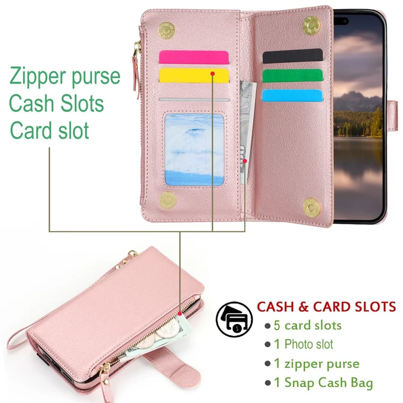 XL-001 For iPhone 16 Plus Case Zipper Pocket Wristband Stand Leather Phone Cover - Pink