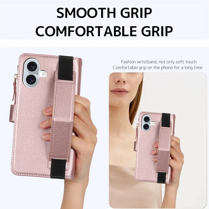 XL-001 For iPhone 16 Plus Case Zipper Pocket Wristband Stand Leather Phone Cover - Pink