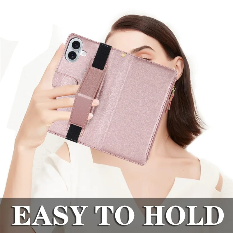 XL-001 For iPhone 16 Plus Case Zipper Pocket Wristband Stand Leather Phone Cover - Pink