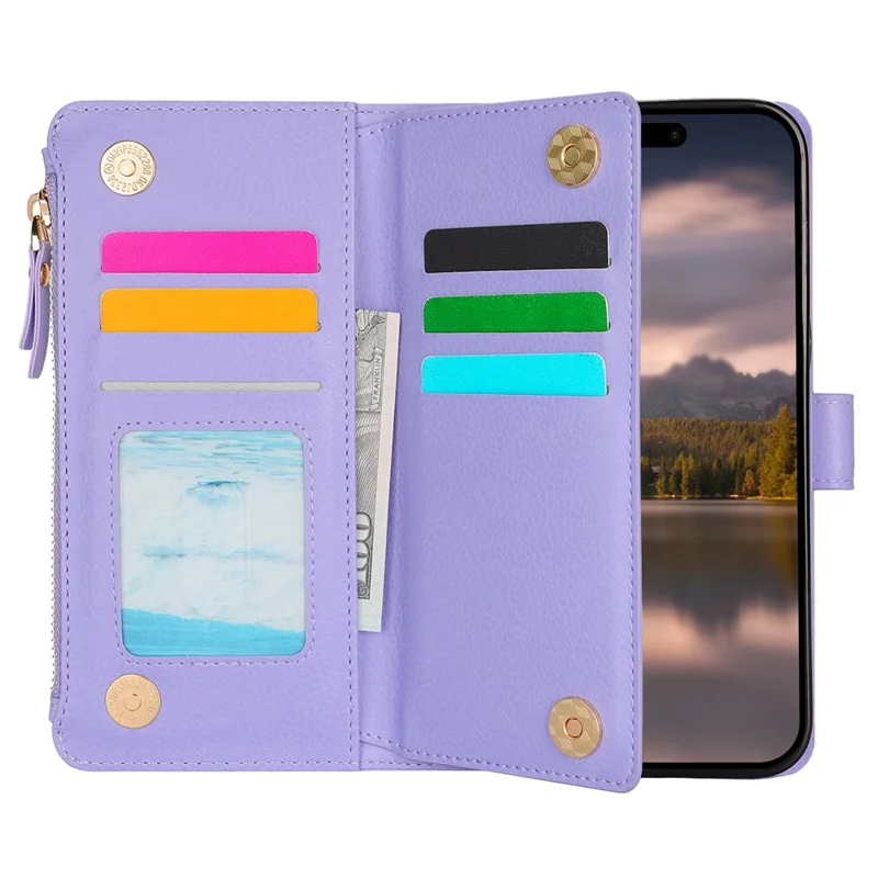 XL-001 Para Iphone 15 Plus Case Zipper Pocket Pocket Stand Stand Leather Phone - Roxo