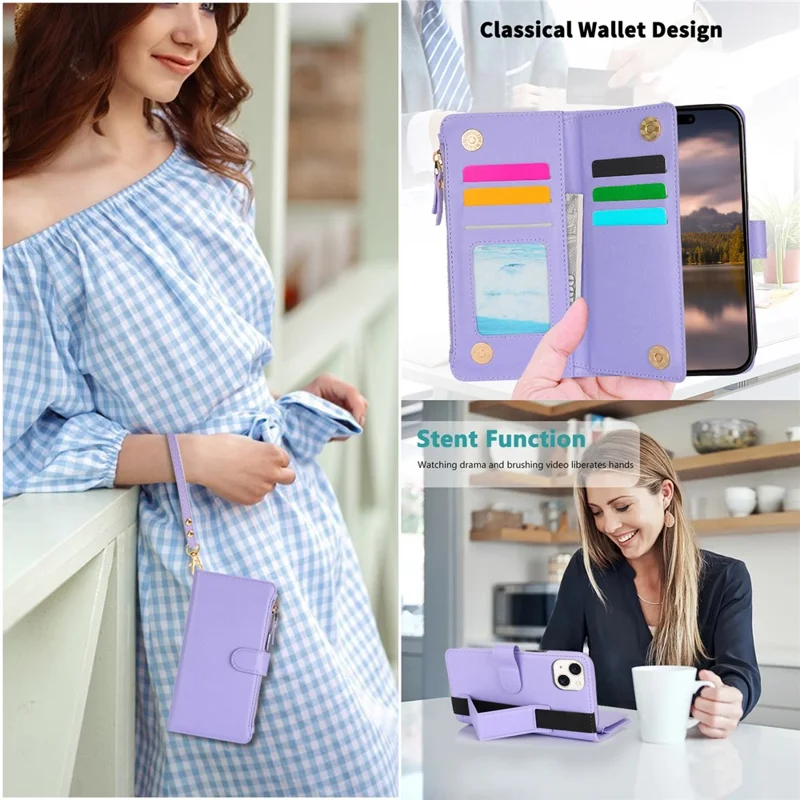 XL-001 Para Iphone 15 Plus Case Zipper Pocket Pocket Stand Stand Leather Phone - Roxo