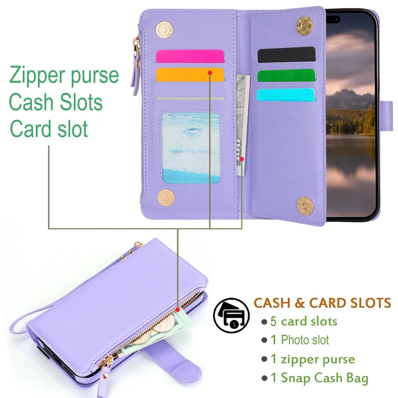 XL-001 Para Iphone 15 Plus Case Zipper Pocket Pocket Stand Stand Leather Phone - Roxo