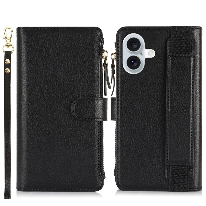 XL-001 For iPhone 16 Case Zipper Pocket Wristband Stand Leather Phone Cover - Black