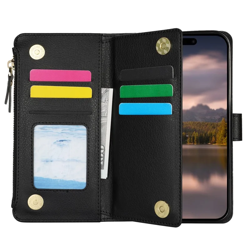 XL-001 For iPhone 16 Case Zipper Pocket Wristband Stand Leather Phone Cover - Black