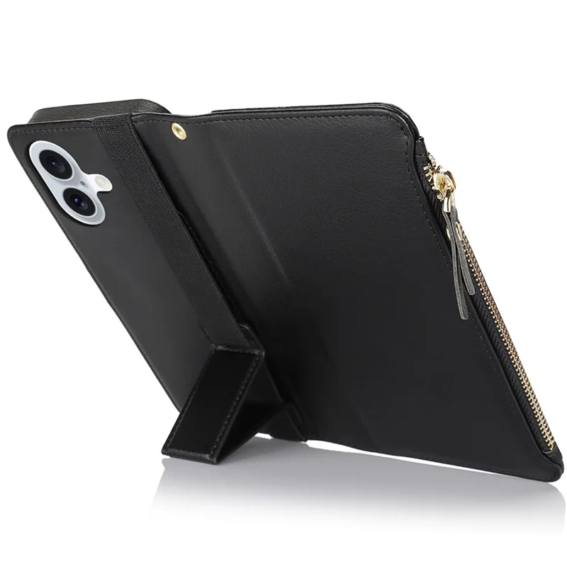 XL-001 For iPhone 16 Case Zipper Pocket Wristband Stand Leather Phone Cover - Black