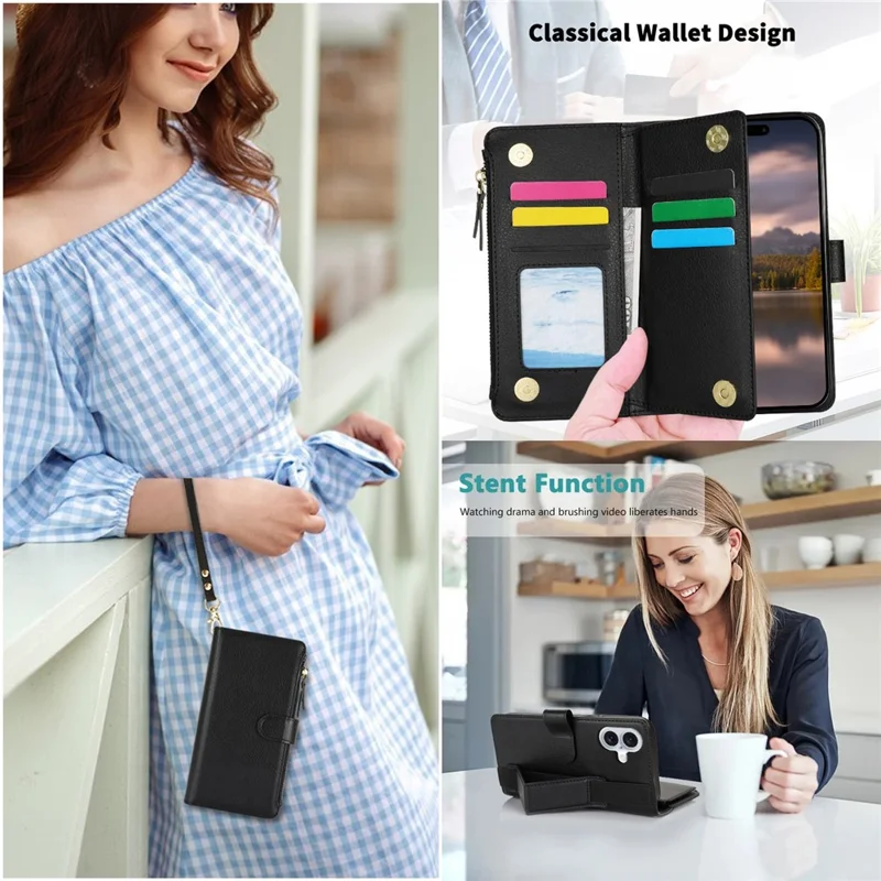 XL-001 For iPhone 16 Case Zipper Pocket Wristband Stand Leather Phone Cover - Black