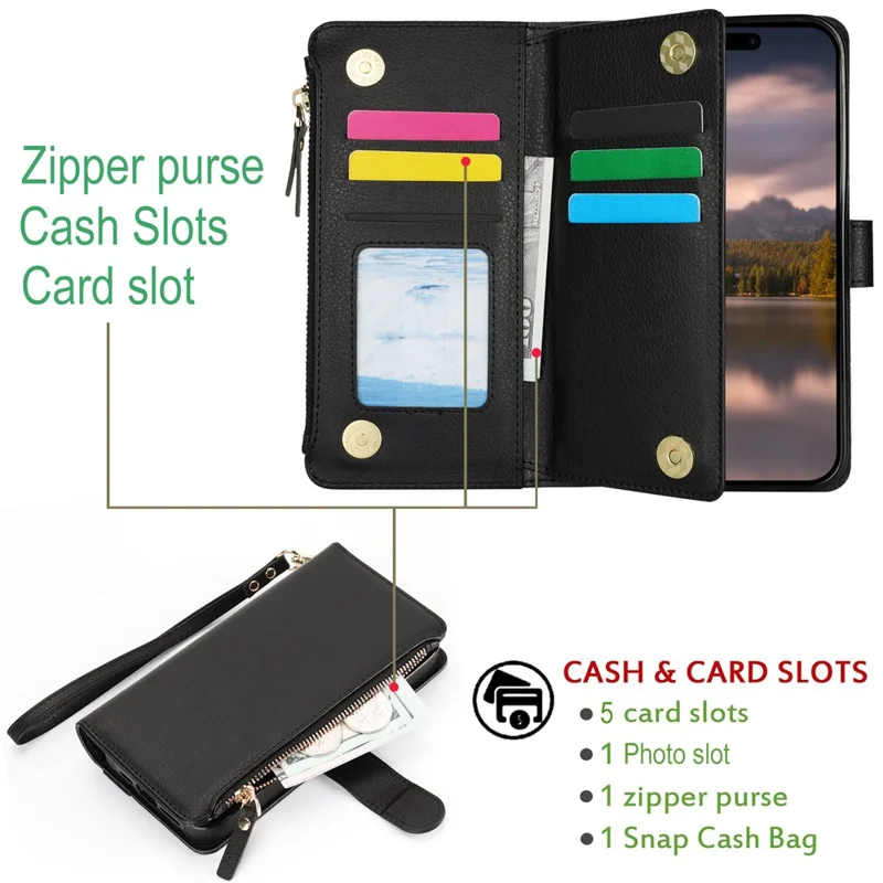 XL-001 For iPhone 16 Case Zipper Pocket Wristband Stand Leather Phone Cover - Black