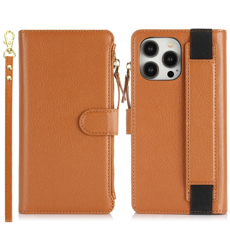 XL-001 For iPhone 16 Pro Case Zipper Pocket Wristband Stand Leather Phone Cover - Brown