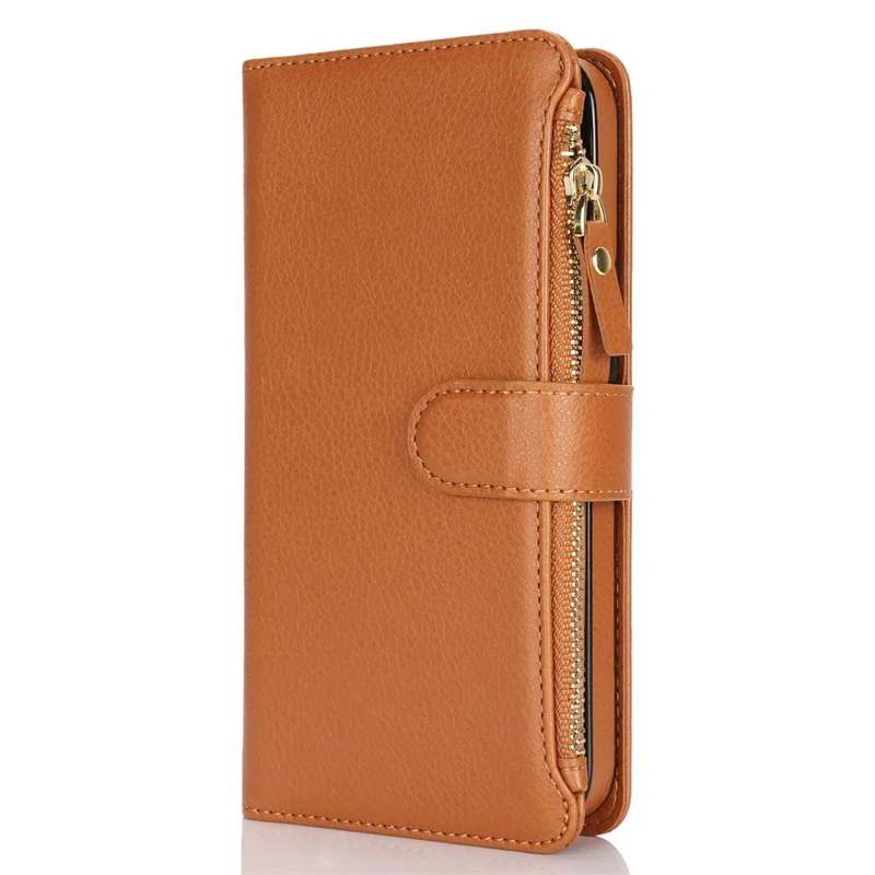 XL-001 For iPhone 16 Pro Case Zipper Pocket Wristband Stand Leather Phone Cover - Brown