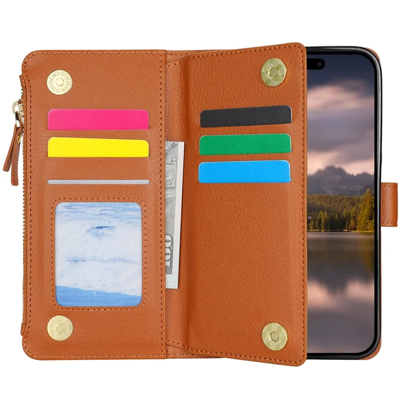 XL-001 For iPhone 16 Pro Case Zipper Pocket Wristband Stand Leather Phone Cover - Brown