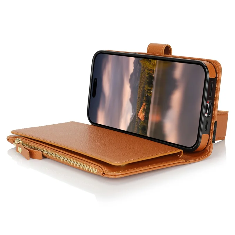 XL-001 For iPhone 16 Pro Case Zipper Pocket Wristband Stand Leather Phone Cover - Brown