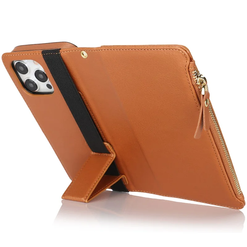XL-001 For iPhone 16 Pro Case Zipper Pocket Wristband Stand Leather Phone Cover - Brown