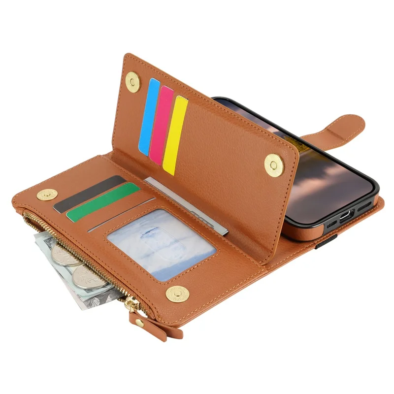 XL-001 For iPhone 16 Pro Case Zipper Pocket Wristband Stand Leather Phone Cover - Brown