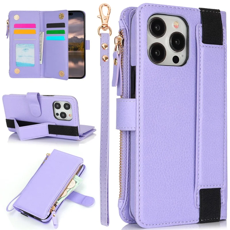 XL-001 For iPhone 16 Pro Max Case Zipper Pocket Wristband Stand Leather Phone Cover - Purple