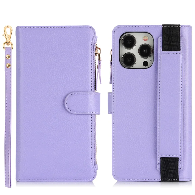 XL-001 For iPhone 16 Pro Max Case Zipper Pocket Wristband Stand Leather Phone Cover - Purple